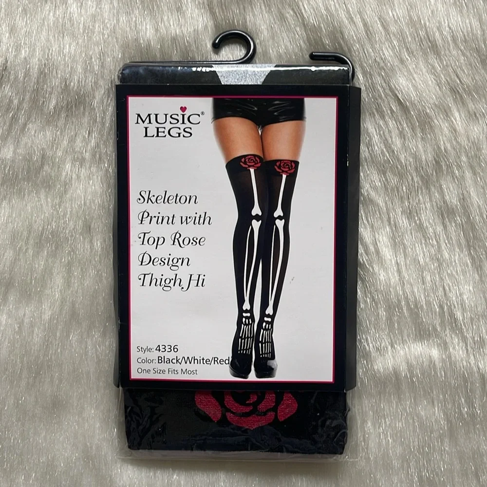 Music Legs Black & White Skeleton Rose Print Thigh High Nylon Sheer Stockings